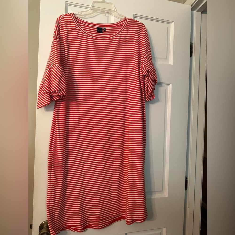 Kaari Blue.  Red and white striped tshirt dress with ruffled sleeves. Size Large